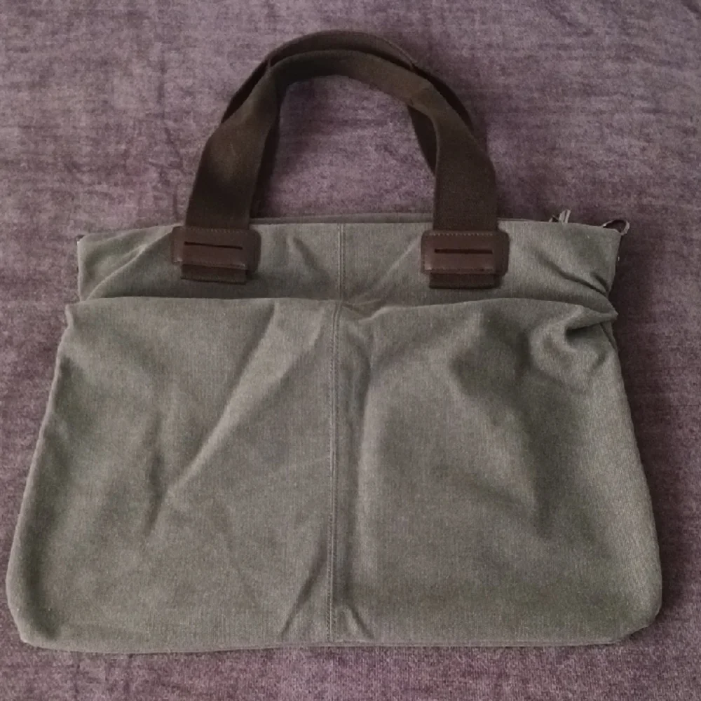 Canvas Tote Briefcase Bag in Grey With Brown Handles